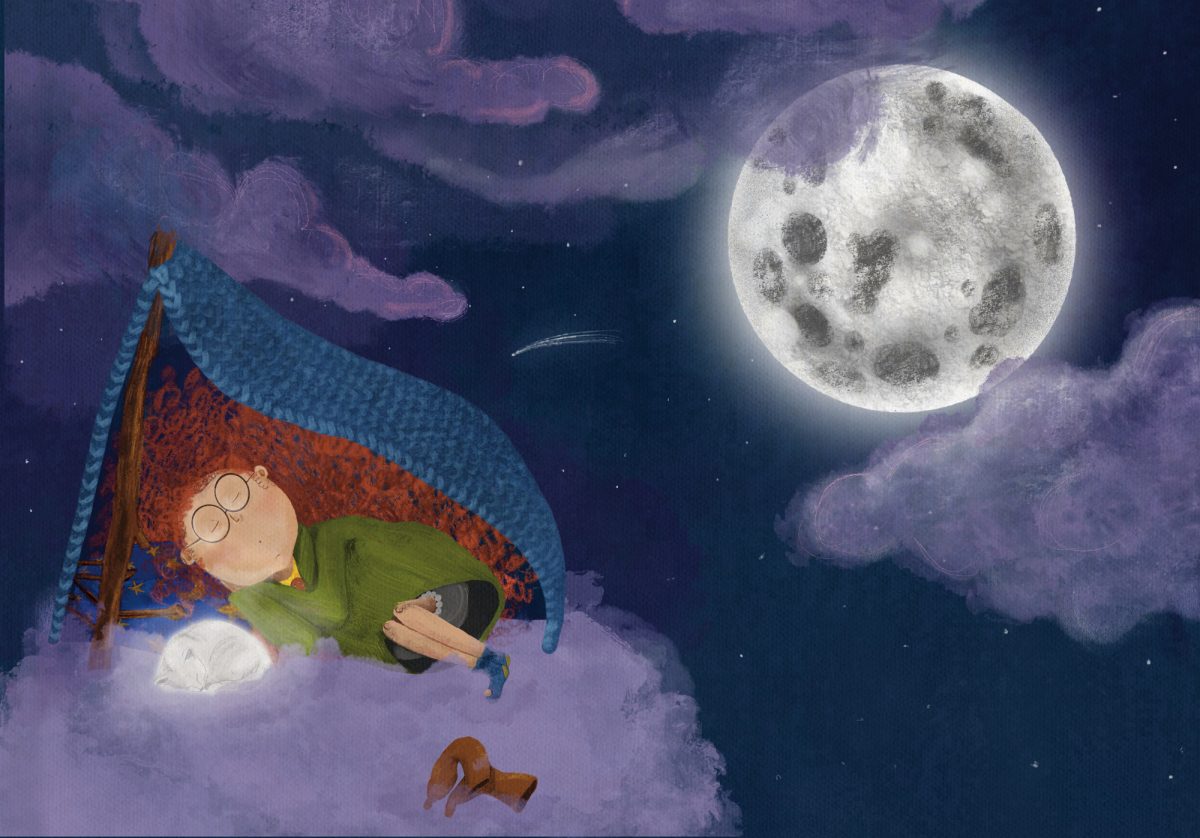 Zu sehen ist eine Illustration wo eine kleine Hexe auf einer Wolke unter einem Zelt liegt und schläft. Hinter ihr ist der Mond zu sehen. Vor ihr auf der Wolke liegt einen leuschende Katze eingerollt und schläft ebenfalls.