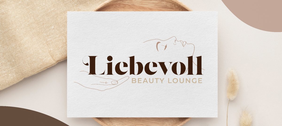 Schriftzug mit dem Wort Liebevoll, eine Sillouette von einer Frau, einen haltende Hand als Grafikmund das Wort beauty lounge